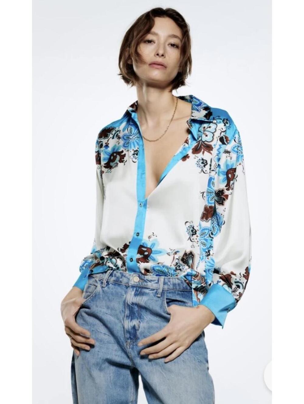 Zara Floral Print Satin Blouse with Blue Accents Size Medium